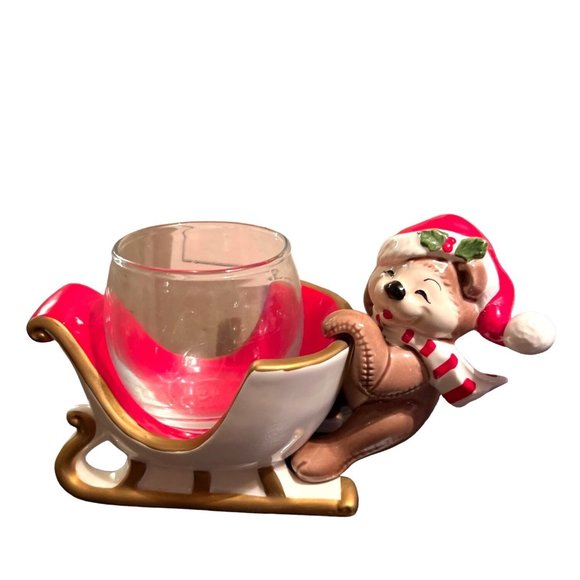 Vtg FITZ AND FLOYD Christmas Teddy Bear Sleigh Candle Holder Dish 27/52 Japan - Picture 2 of 8